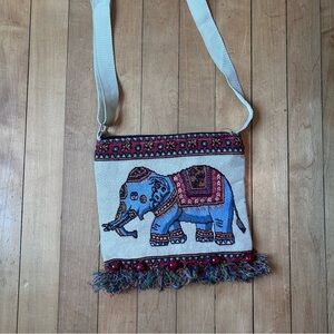 Elephant Embroidered Cream and Blue Women's Bag